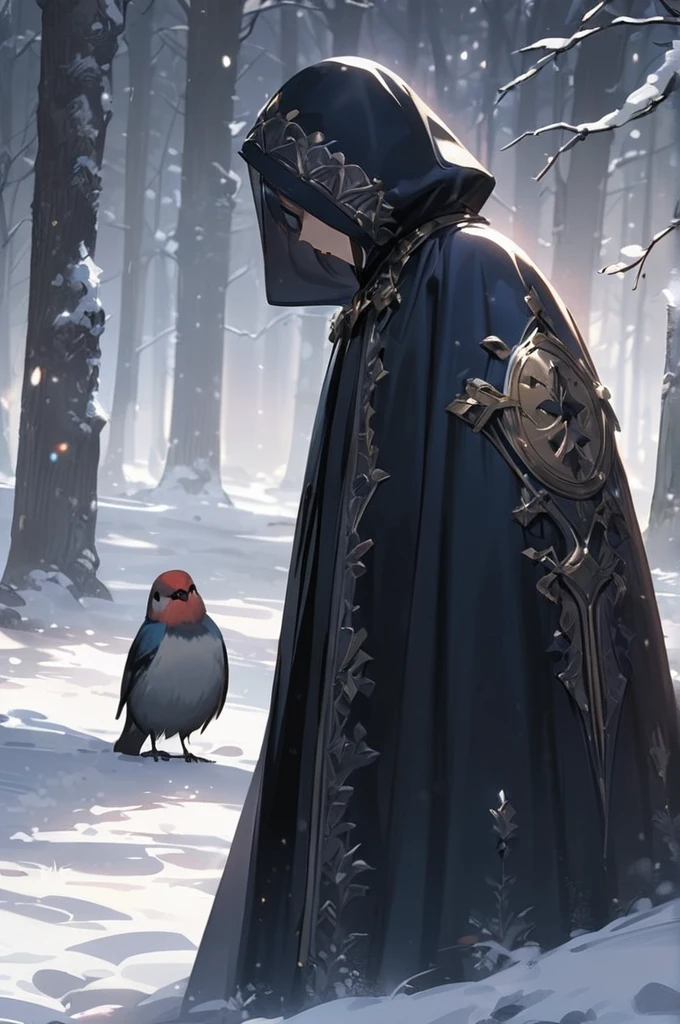 ((Best quality)), ((masterpiece)), (detailed), a dark knight in a snowy meadow with the coat of arms of a bullfinch on his cloak