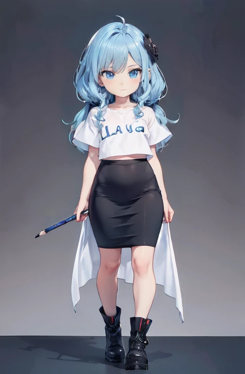 obra de arte, 8K, estilo de arte por shaman240, rosto muito detalhado, roupas detalhadas, tecido detalhado, 1 garota, ( Morte jurada Katarina (liga das lendas 1.1)) Rosto bonito, asymmetrical long hair, cabelo azul claro, usando blusa Prada, Botas de coxa Dior, Mini pencil skirt, meias pretas, olhos de gato azuis muito detalhados, sorriso fofo, de joelhos olhando para cima , dia ensolarado, full body view,