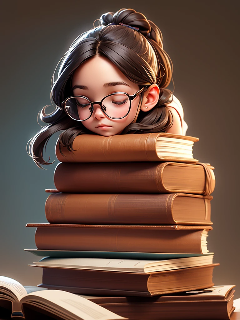 Cute young girl, wearing glasses, shoulder-length hair tied in a knot, sleeping on a pile of books.