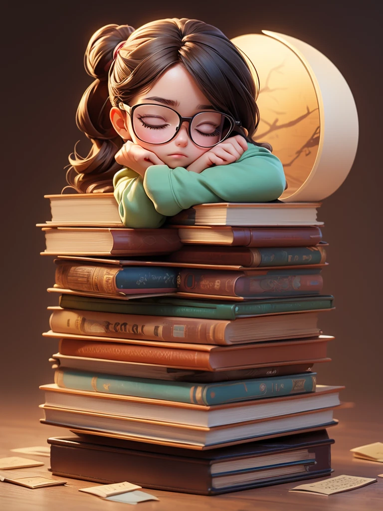 Cute young girl, wearing glasses, shoulder-length hair tied in a knot, sleeping on a pile of books.