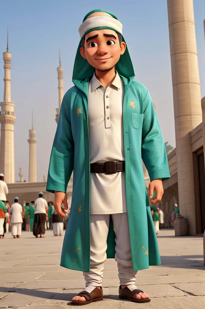 A man celebrates Eid al-Adha wearing Hajj clothing