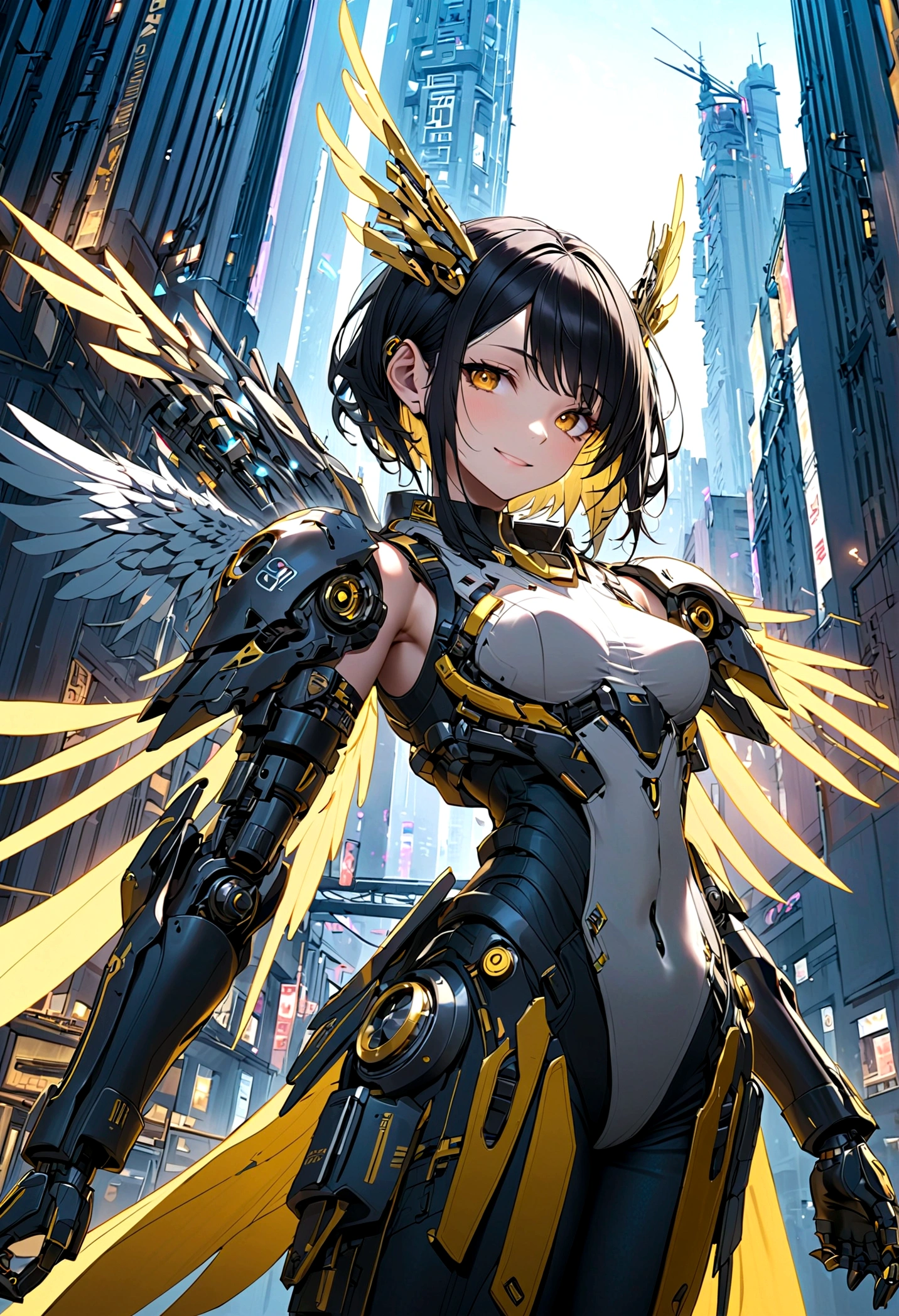 masterpiece,(best quality),Very detailed,Extremely detailed,1 Girl,(Mechanicalwing:Golden,Glowing eyes:blue,Goldenrarmor:1.2,Long ears:0.8),(Cyberpunk City:1.5,arms:Energy Blade),(Fantasy Landscape:1.2,Natural Lighting:1.5,Confident expression),(panoramic:1.2),Mecha, Smile,angle,Angel, wing,Chrome,Raw