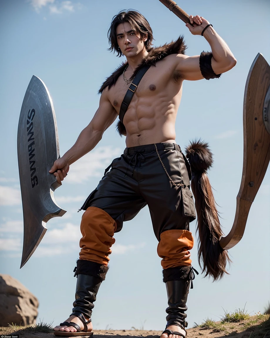 Youth with short black hair and brown eyes, fair skin and clean-shaven, dressed in short orange medieval barbarian fur tunic and trousers, weilding giant axe, sandals; fullbody; short hair, masculine, athletic