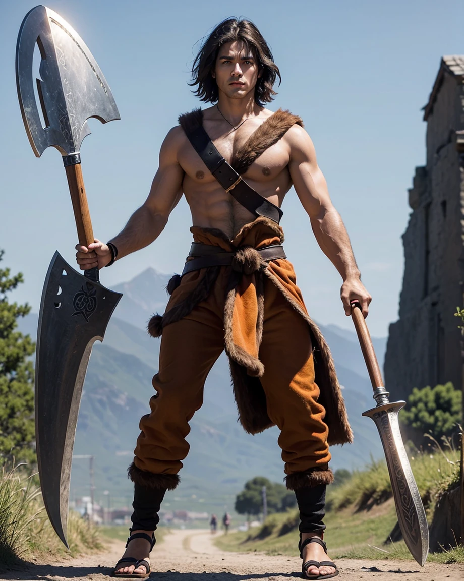 Youth with short black hair and brown eyes, fair skin and clean-shaven, dressed in short orange medieval barbarian fur tunic and trousers, weilding giant axe, sandals; fullbody; short hair, masculine, athletic