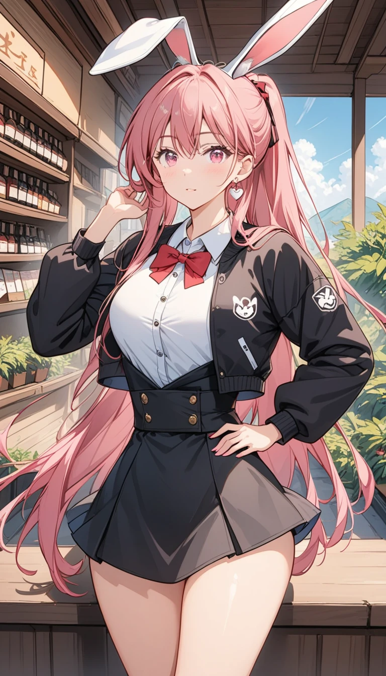 score_9, score_8_superior, score_7_superior, score_6_superior, an anime style female character with black clothing and large eyes posed and posing, solo, animal ears, hands on hips, long hair, rabbit ears, 1girl, pink hair, fake animal ears, earrings, cropped jacket, jewelry, very long hair, pink eyes, bow, playboy bunny, bowtie, jacket, ponytail