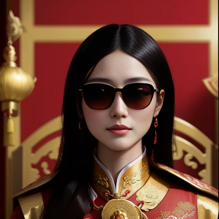 A long-haired woman wearing glasses, Araffi wearing a red and gold uniform and glasses., Empress of China, Chinese princess, Inspiration from Min Zhen, traditional chinese, Chinese style, Chinese woman, Inspired by Guo Xi, According to the style of paying homage to the family, Sazi, close-up portrait, queen of the sea Mu Yanling, Inspired by Wang Meng, Inspiration from Xu Xi, Chinese dress, Chinese girl