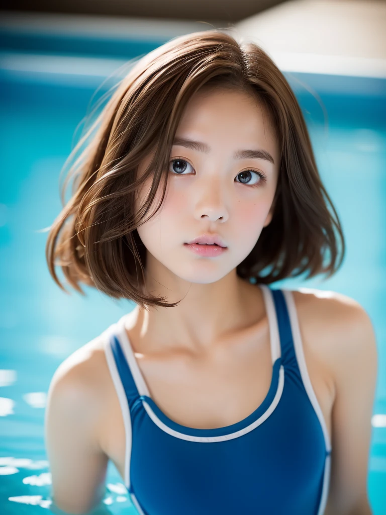 Dreamy atmosphere, High Contrast, Ultra Sharp, Studio shot、Upper body portrait、Angle from below、(Tiny blue school swimsuit :1.3), (small breasts), Focus on the chest、Slim Body Enhancement、Realistic、Realistic、Highly detailed cute girl、alone、18-year-old、Japanese、Melancholic expression, Brown Hair、Medium long cut hair, Pool for background、Out of focus、Blur、