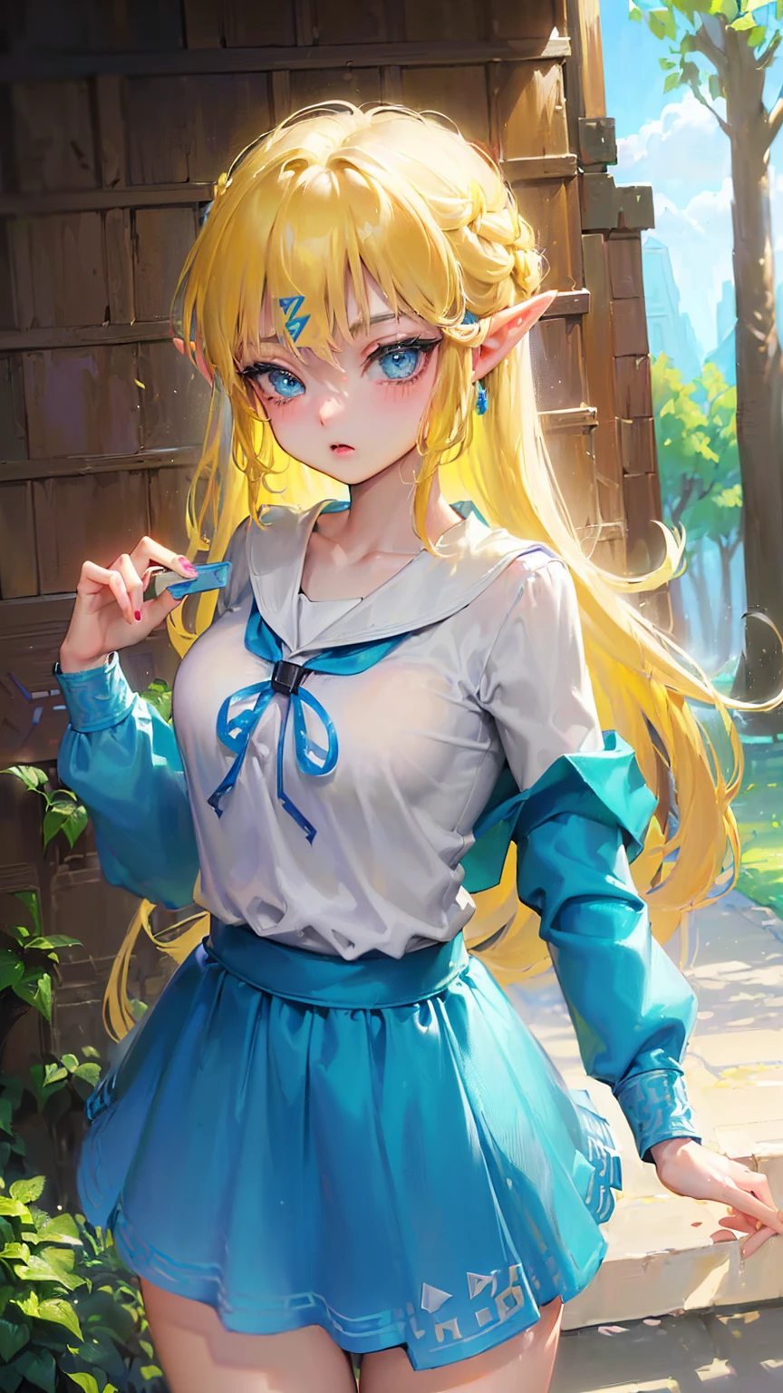 (((link(the legend of the zelda))),((gender bender,yellow hair,blue_eyes,cowboy shot,hair between eyes)),((link(the legend of the zelda) is a milf and bimbo and slutty,school uniform))