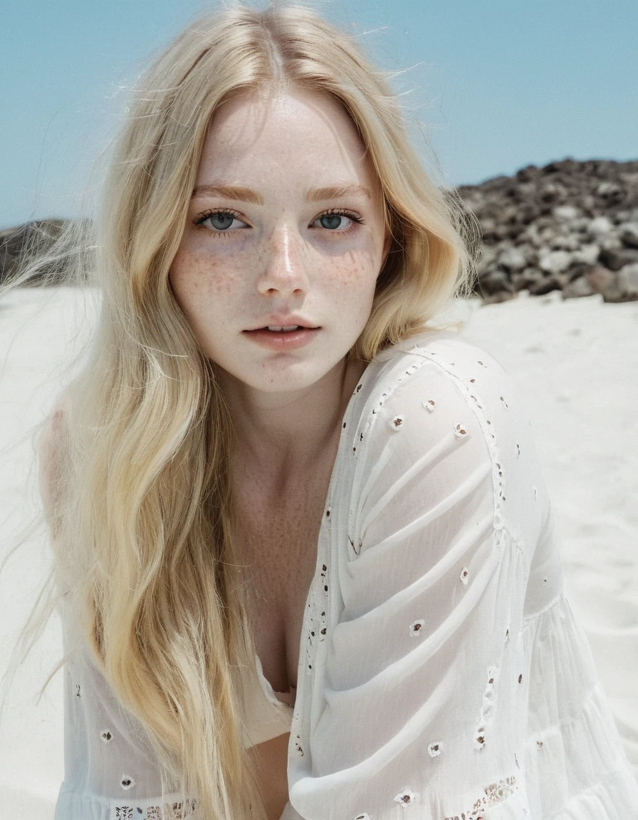 woman, pale skin and freckles, long blonde hair, seductive look, upper body, white boho top, cleavage, sexy, breasts