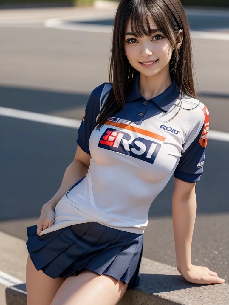 Browsing Caution,Highest quality,Great details,Ultra-high resolution,Japanese Girls, Detailed face drawing,Big Eyes,Bob Hair, smile,looking at the camera,Blue and white,Race Queen,Pussy in full view,No underwear,circuit,pole position