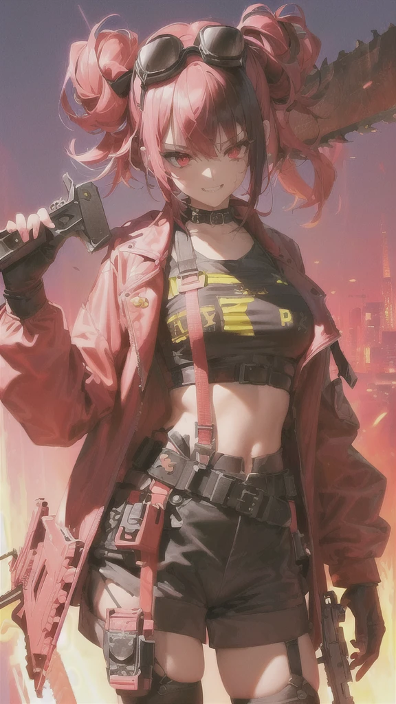 ltra-detailed, Girl, beautiful eyes, red eyes, , cute figure, cute face, grin, executioner, cyberpunk style goggles on head, sharp eyes, wild and daring, hair color is pink gradient with black accent on left side only, hair in bun , bob-cut bangs, dressed as a dystopian punk, large military design jacket, black shorts, thigh-high knee socks, boots, leather gloves with fingers cut off, chainsaw with pretty decorations on hand, pink cloth-clad hell's death squad in background Strong men, composition like a scene from a movie, 16K. a scene from a movie, 16K, top quality, masterpiece