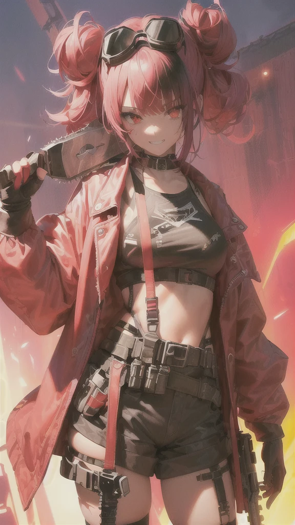 ltra-detailed, Girl, beautiful eyes, red eyes, , cute figure, cute face, grin, executioner, cyberpunk style goggles on head, sharp eyes, wild and daring, hair color is pink gradient with black accent on left side only, hair in bun , bob-cut bangs, dressed as a dystopian punk, large military design jacket, black shorts, thigh-high knee socks, boots, leather gloves with fingers cut off, chainsaw with pretty decorations on hand, pink cloth-clad hell's death squad in background Strong men, composition like a scene from a movie, 16K. a scene from a movie, 16K, top quality, masterpiece