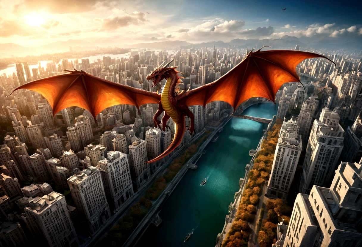 ((picture taken from the back of dragon: 1.5)), arafed, a picture from above a dragon flying above a modern city, modern city is laid underneath, there is river beneath the dragon, its shadow is cast on the water dragon wings spread wide, dynamic color dragon, you see the back of the dragon, its majestic wings, its tail and the city and river it is flying above, , panoramic view (Masterpiece, intense details: 1.5) , Wide-Angle, Ultra-Wide Angle, dynamic light, Cinematic Hollywood Film style