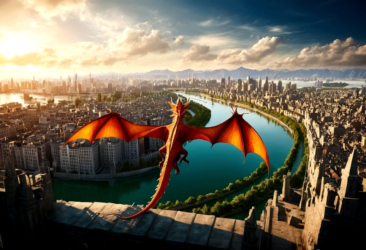 ((picture taken from the back of dragon: 1.5)), arafed, a picture from above a dragon flying above a modern city, modern city is laid underneath, there is river beneath the dragon, its shadow is cast on the water dragon wings spread wide, dynamic color dragon, you see the back of the dragon, its majestic wings, its tail and the city and river it is flying above, , panoramic view (Masterpiece, intense details: 1.5) , Wide-Angle, Ultra-Wide Angle, dynamic light, Cinematic Hollywood Film style