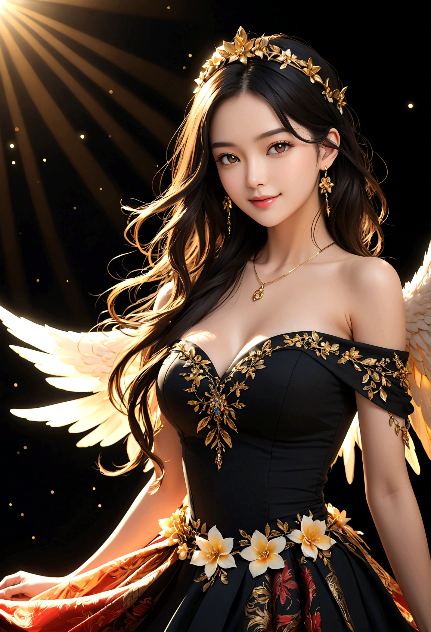 Angel Wings, Beautiful woman, (Reality), Backlight, black background, black skirt, black Gloves, Black Hair, Smile, skirt, earrings, Flowing hair, Gloves, gold earrings, gold Headband, Flowering, Hair accessories, ((Headband)), Jewelry, Light Particles, long hair, Viewer, off-the-shoulder skirt, Off-shoulder, petal, Side Rock, Solitary, spike, Very beautiful dress, Double-sided fabric, ((masterpiece))