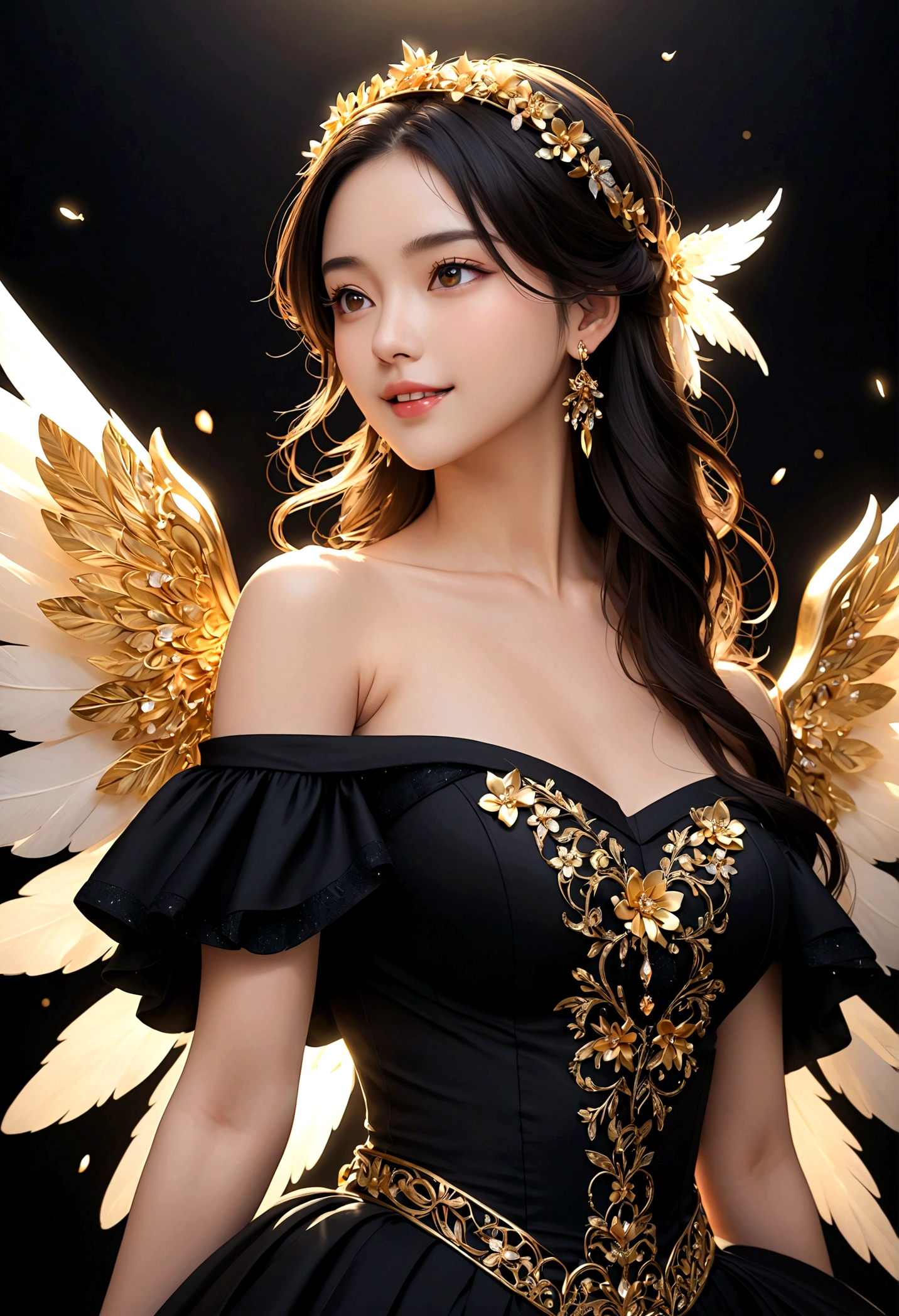 Angel Wings, Beautiful woman, (Reality), Backlight, black background, black skirt, black Gloves, Black Hair, Smile, skirt, earrings, Flowing hair, Gloves, gold earrings, gold Headband, Flowering, Hair accessories, ((Headband)), Jewelry, Light Particles, long hair, Viewer, off-the-shoulder skirt, Off-shoulder, petal, Side Rock, Solitary, spike, Very beautiful dress, Double-sided fabric, ((masterpiece))
