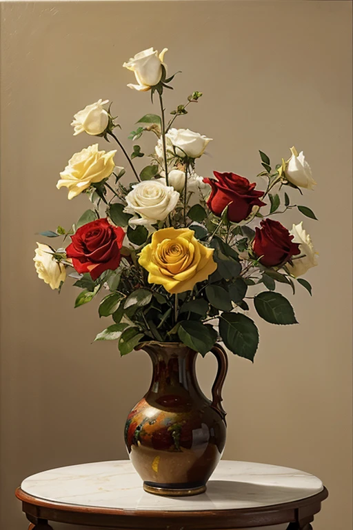 oil painting red yellow blue rose In a white flower vase