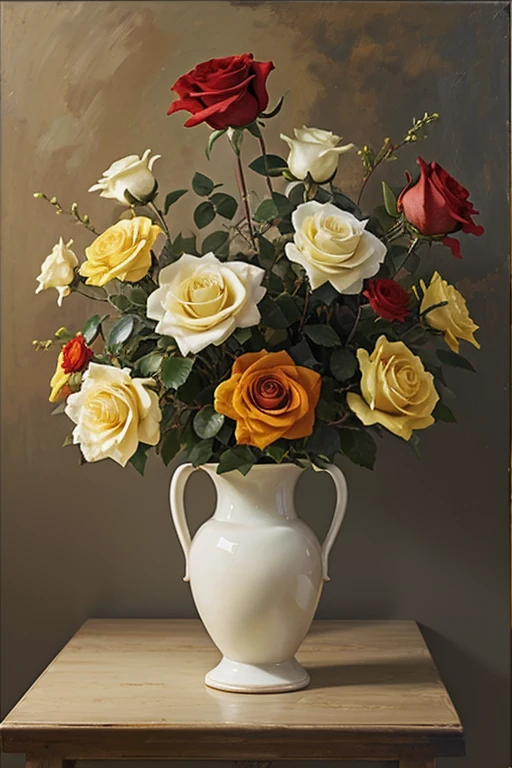 oil painting red yellow blue rose In a white flower vase