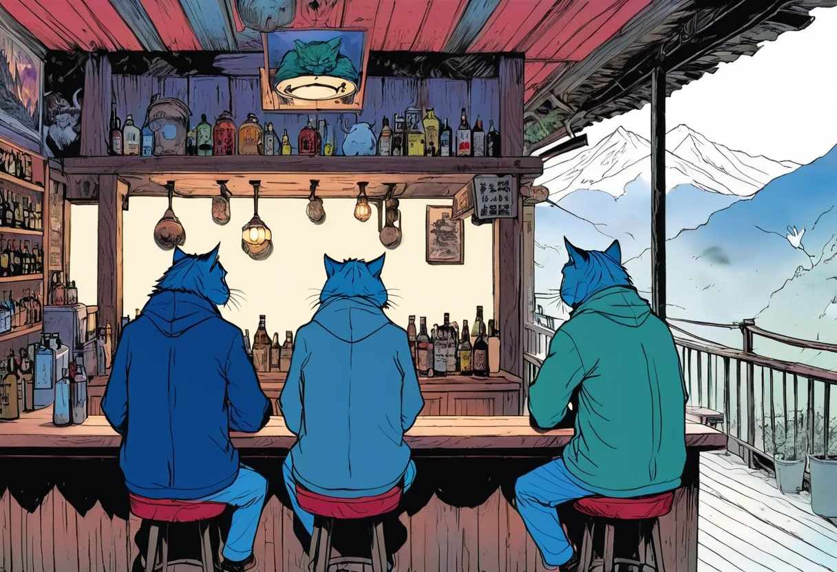 A bar in the mountains owned by a monster wildcat、Back view of three wildcat gentlemen sitting at a counter、