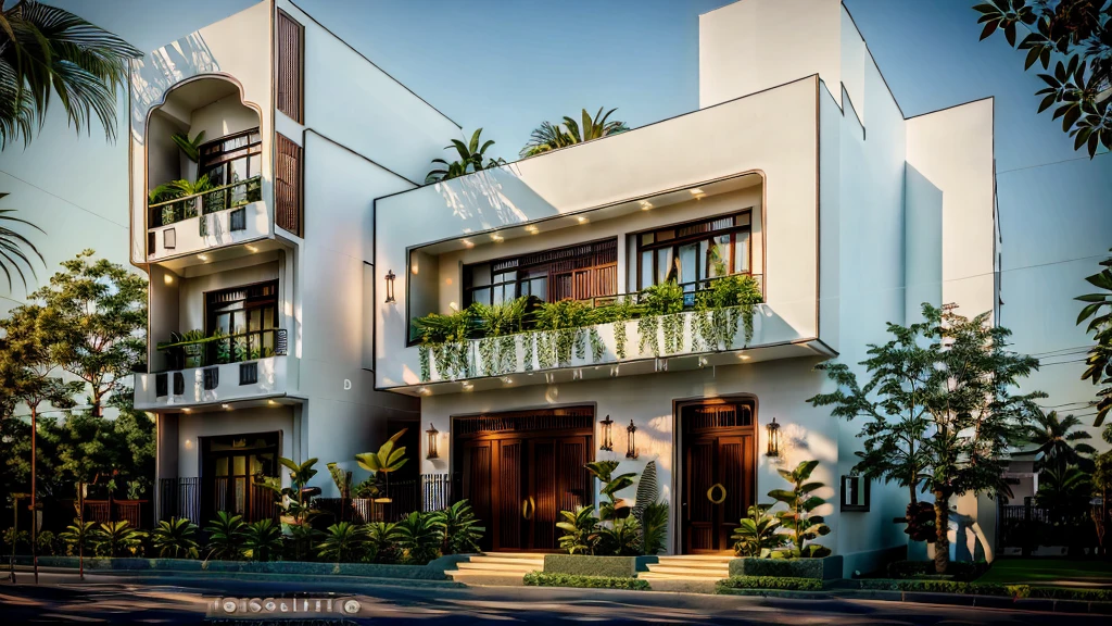 (Townhouse in city ,close houses and trees), (indochine style architecture) daylight ( best quality) ((high solution)) ,(( photo realistic)) ,warm light, soft lighting, warm atmosphere,high Resolution, hyper detailed,4k ,vray render, octane render, hyper realistic, photography expert ,exterior design , professional photography, exterior photography,wide-angle shot , ultra detail , high Resolution , full frame, full body