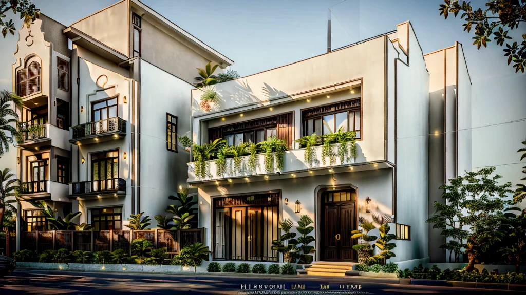 (Townhouse in city ,close houses and trees), (indochine style architecture) daylight ( best quality) ((high solution)) ,(( photo realistic)) ,warm light, soft lighting, warm atmosphere,high Resolution, hyper detailed,4k ,vray render, octane render, hyper realistic, photography expert ,exterior design , professional photography, exterior photography,wide-angle shot , ultra detail , high Resolution , full frame, full body