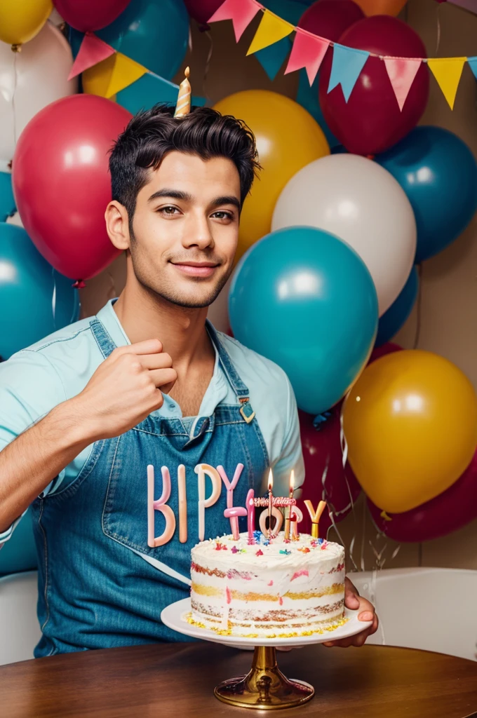 (8K, RAW photo, Highest quality) masterpiece, 1 boy, Look at me, Asian boy, Handsome, Topless, Thick body hair, wearing micro thong with big bulge, sitting on the floor, he holds a plate with a birthday anniversary cake. The cake has big-sized, carved words that read "Happy Birthday",visible to viewers at the edge of the cake, in the background An elegantly decorated room with pastel blue walls. Dominating the center is a cluster of pastel blue and beige balloons held together by a string. Below the balloons, there are several birthday gift boxes, each adorned with a blue ribbon and a yellow bow. He holds a plate with a birthday anniversary cake. The room is illuminated by natural light coming from a large window. background, cinematic lighting, UHD,Extra Realistic XL