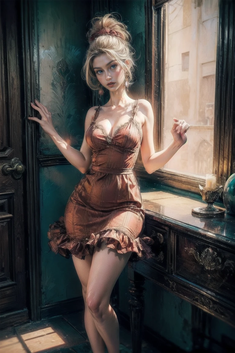 perfect face, perfect body, full body, perfect hand, good hand, good fingers, / colorful design , mythical, erotic, sunlight, glowing light,/ fatal seduction, erotic pose, look at far away ,/ big eyes, nice girl, red lips, light pink dress