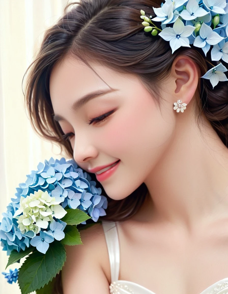 from side, close up face, smile, The bride is dressed in a white wedding dress, and her cheeks are flushed with happiness. Her profile exudes a quiet beauty, and a vibrant hydrangea flower is added to her ear. The petals of the hydrangea enhance the elegance of the bride, and its color symbolizes her happiness. This scene celebrates pure love, happiness, and a new beginning.