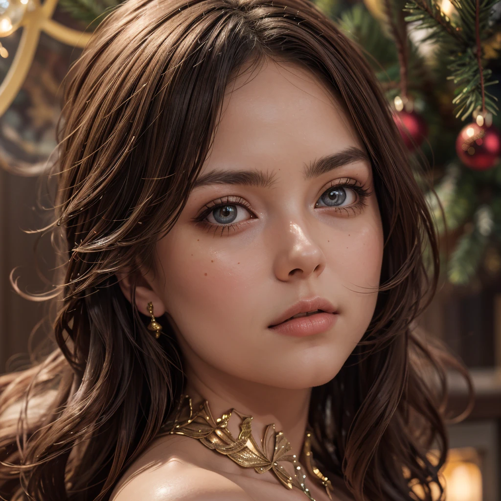 a beautiful nude girl, christmas fairy, detailed face, detailed eyes, detailed lips, intricate hairstyle, snow background, christmas tree, christmas lights, glowing candles, ornaments, snow falling, warm lighting, cinematic composition, highly detailed, photorealistic, (best quality,4k,8k,highres,masterpiece:1.2),ultra-detailed,(realistic,photorealistic,photo-realistic:1.37)