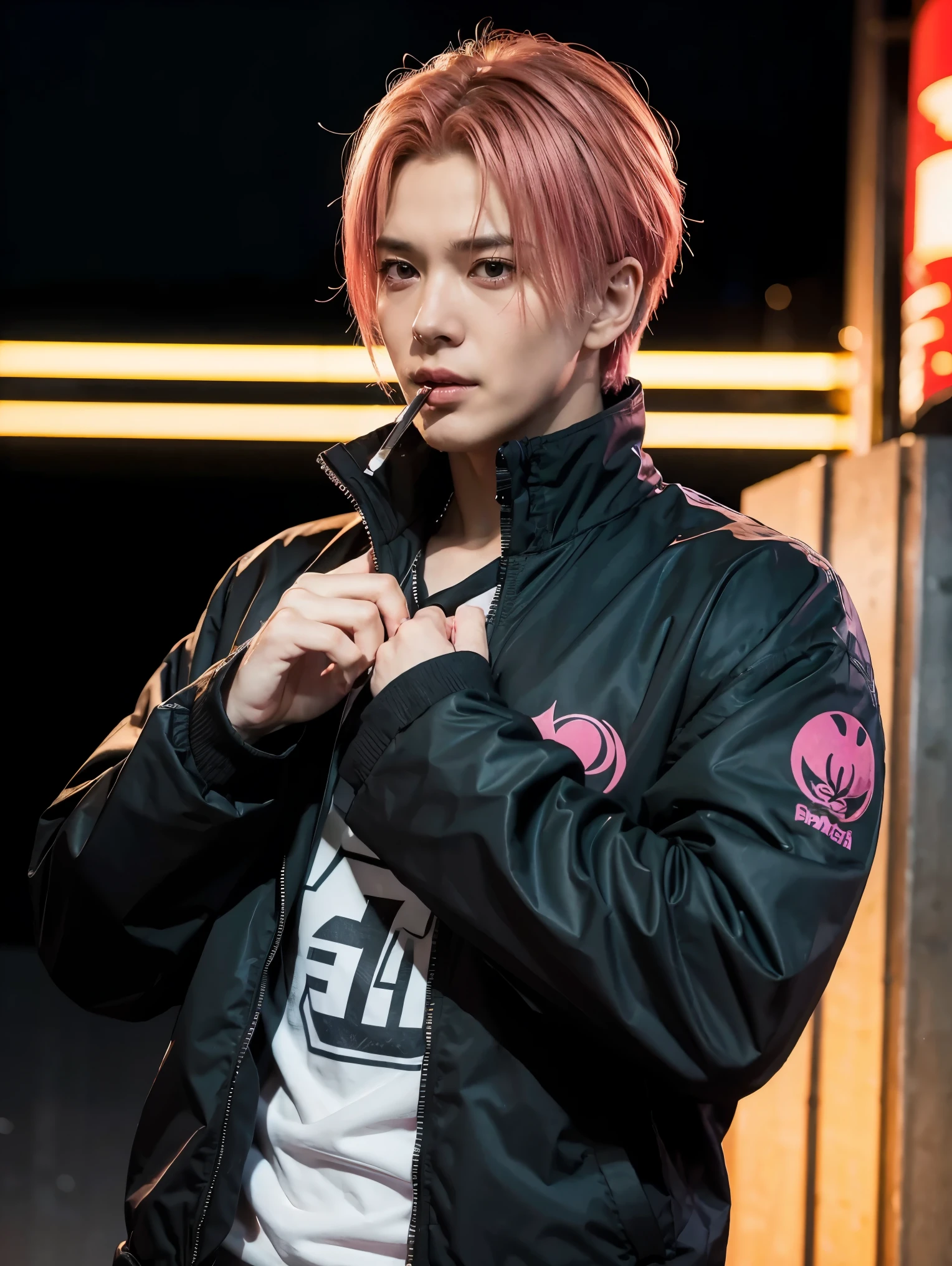 Sukuna from Anime Jujutsu Kaisen, masterpiece, ultra detailed, best quality, ]anime guy with pink hair and a black jacket holding a cigarette, joker looks like naruto, , akiyuki shinbou, jujutsu kaisen, , akatsuki akira, ichigo kurosaki, ohararyu, katsushika, 8k!, by Shingei, 8k!!