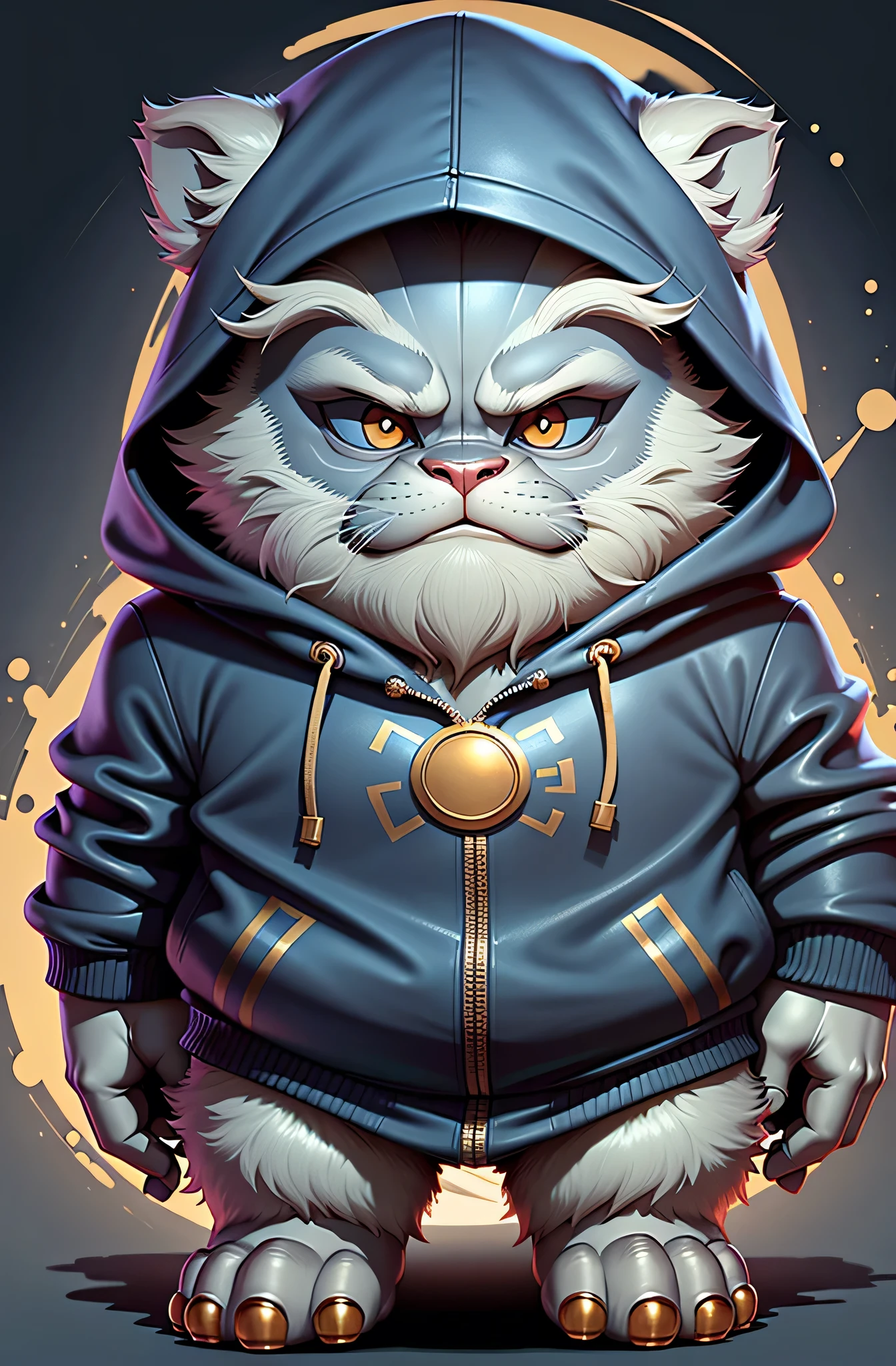 Bipedal creature resembling a silver monkey, dark blue cape and hood, Gold trim, protruding legs, Floating like magic, masutepiece, Top Quality