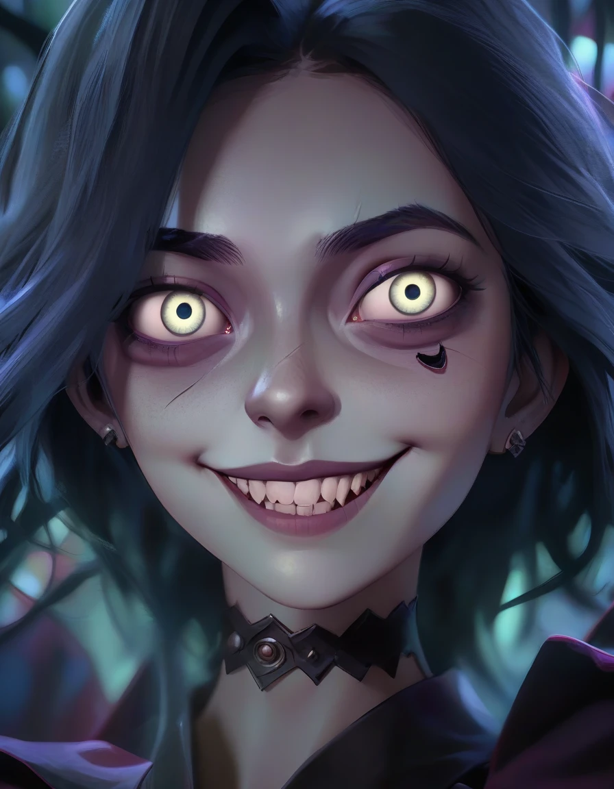 a close up of a person with a creepy face and many eyes, creepy smile, cute face. dark fantasy, creepy evil smile, creepy art, scary art, digital art 4k unsettling, dark surreal art, surreal dark art, dark but detailed digital art, scary smile, horror surreal art, inspired by Ryohei Hase, beeple and jeremiah ketner