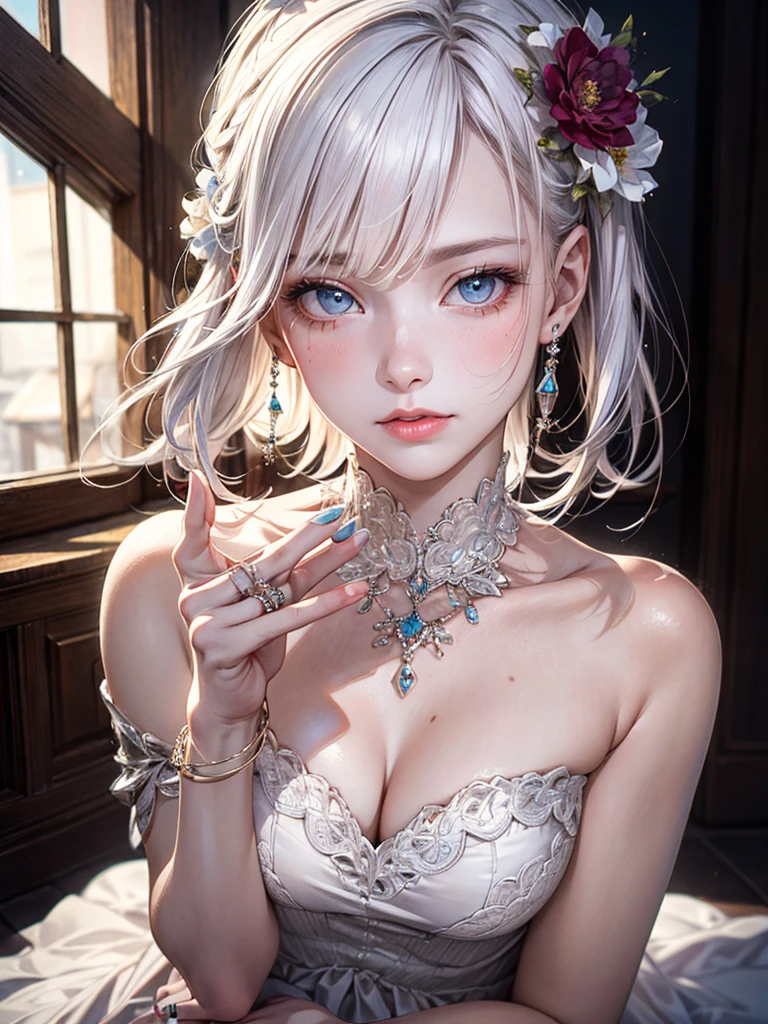 unparalleled masterpiece, ultra realistic 8k CG,masterpiece,pov,(delicate photograph,ultra_detailed,16k,raw photo:1.3),(realistic:1.9,photorealistic:1.9), beautiful detailed eyes,(((1 girl,solo,full body))), ,blue eyes, long hair, white hair, white dress, flower, camellia, jewelry, nail polish, ring, hair ornament, flower ornaments, white nails, White hell,