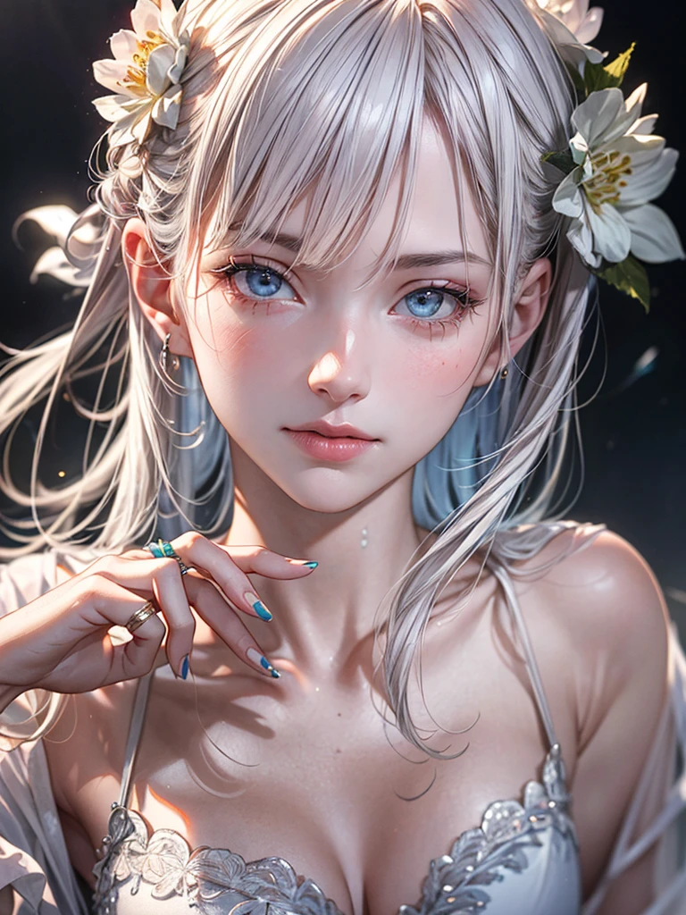 unparalleled masterpiece, ultra realistic 8k CG,masterpiece,pov,(delicate photograph,ultra_detailed,16k,raw photo:1.3),(realistic:1.9,photorealistic:1.9), beautiful detailed eyes,(((1 girl,solo,full body))), ,blue eyes, long hair, white hair, white dress, flower, camellia, jewelry, nail polish, ring, hair ornament, flower ornaments, white nails, White hell,