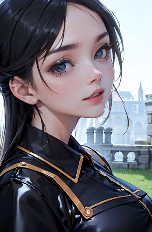 ((Contagem de membros biologicamente correta))、((tiro de corpo inteiro, Foto de corpo inteiro incluindo rosto、Head to toe photos))、4k、Obra de arte、((Concentre-se no rosto))、((symmetrical facial features))、Meticulous representation eyes、linda mulher、Excelente estilo、pretty black feet、Salto alto com tornozeleiras)、detailed representation of the face、brincos pequenos、colar、((Foto em close-up da parte superior do corpo))、(black latex shirt、latex skirt、uniforme de enfermeira)、Old castle scenery、(Low - Angle)、(sorriso)、((Thick morning fog around)、Eu posso'I don't see anything around me)、