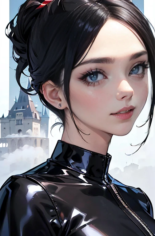 ((Contagem de membros biologicamente correta))、((tiro de corpo inteiro, Foto de corpo inteiro incluindo rosto、Head to toe photos))、4k、Obra de arte、((Concentre-se no rosto))、((symmetrical facial features))、Meticulous representation eyes、linda mulher、Excelente estilo、pretty black feet、Salto alto com tornozeleiras)、detailed representation of the face、brincos pequenos、colar、((Foto em close-up da parte superior do corpo))、(black latex shirt、latex skirt、uniforme de enfermeira)、Old castle scenery、(Low - Angle)、(sorriso)、((Thick morning fog around)、Eu posso'I don't see anything around me)、