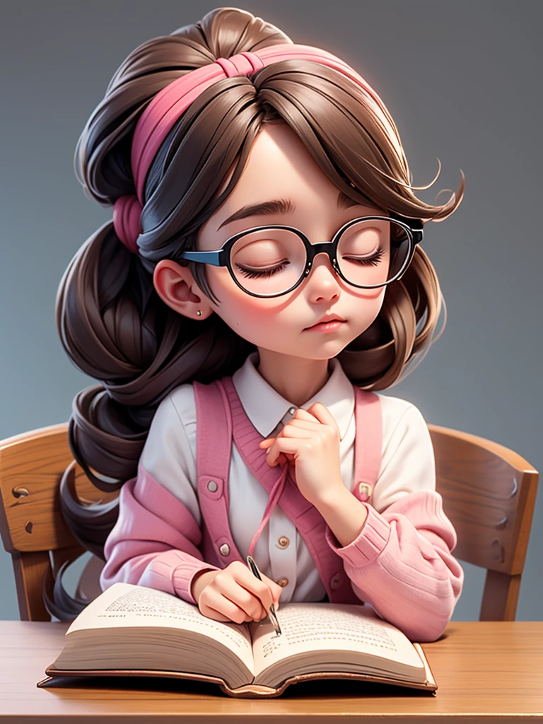 A middle school girl, sitting at her desk, wearing headphones and doing her homework with a pencil in her right hand.