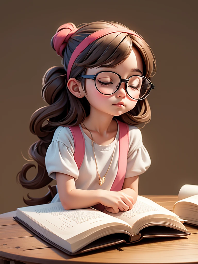 Cute young girl, wearing glasses, shoulder-length hair tied in a knot, sleeping on a book.