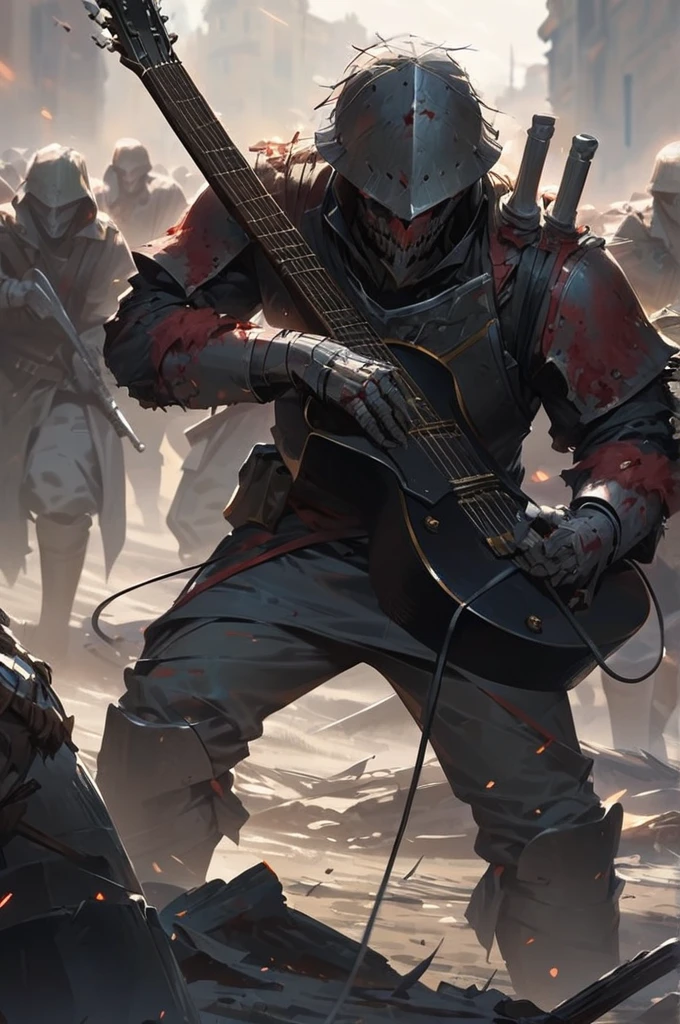 ((Best quality)), ((masterpiece)), (detailed), A bloodied knight plays the guitar against the background of the bodies of his comrades on the battlefield