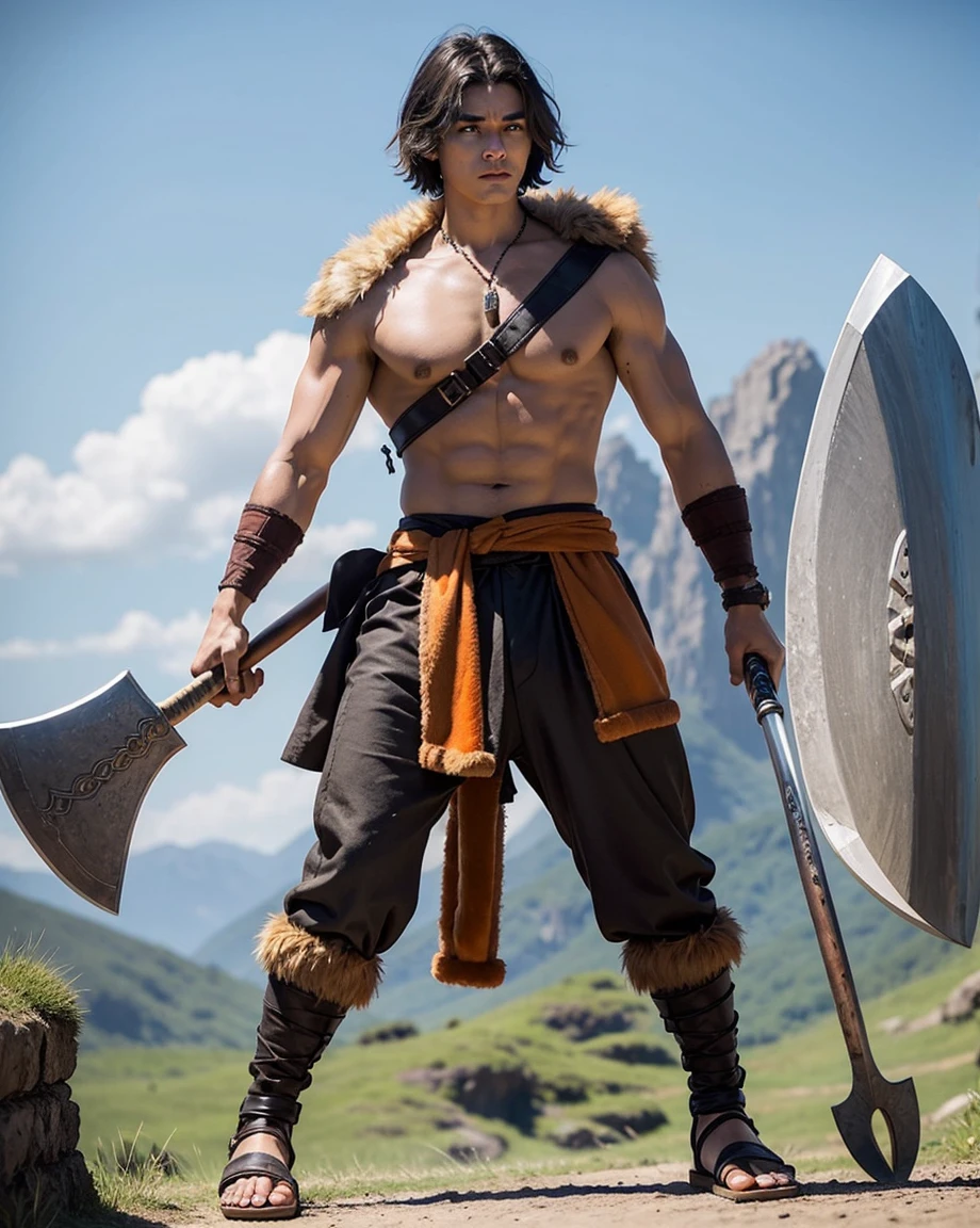 Youth with short black hair and brown eyes, fair skin and clean-shaven, dressed in short orange medieval barbarian fur tunic and trousers, weilding giant axe, sandals; fullbody; short hair, masculine, athletic