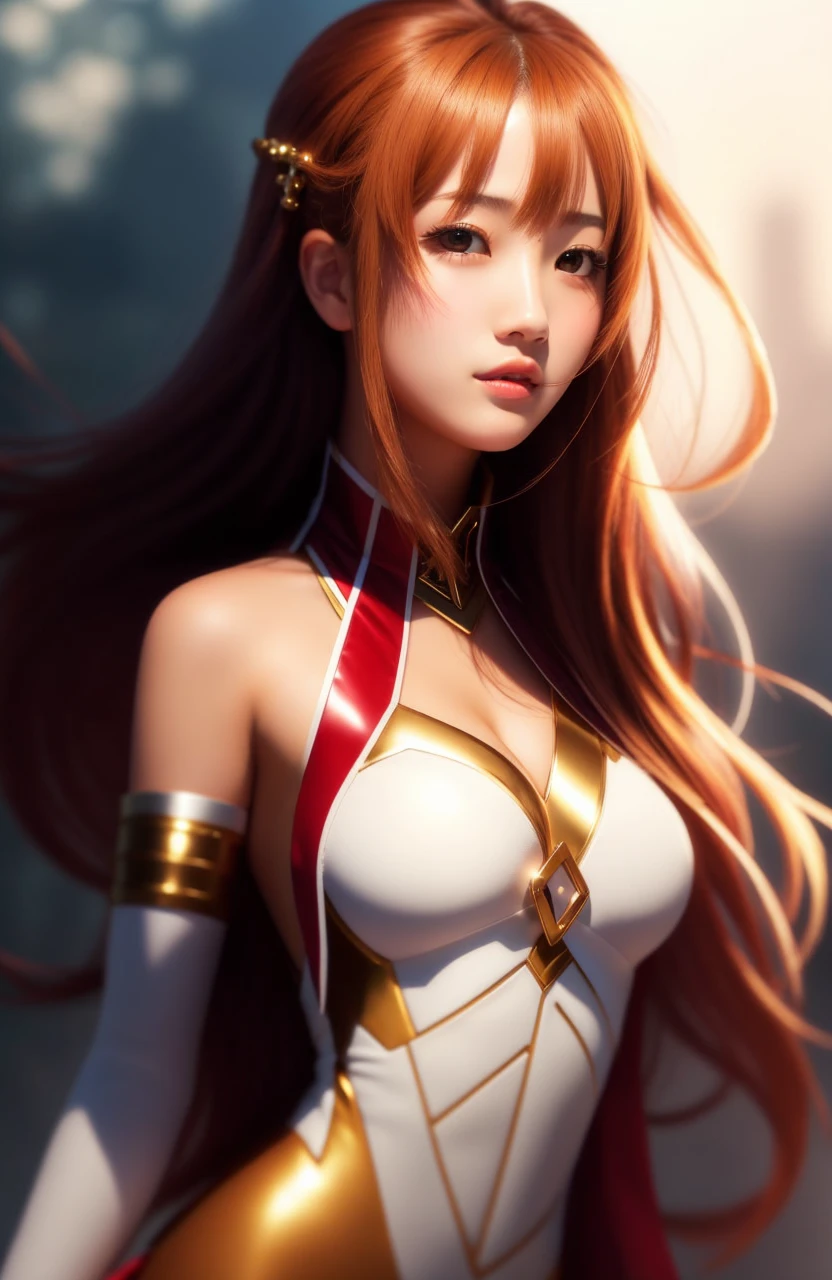 "(Ultra resolution 8K), la mejor imagen posible, mujer hermosa, pelirrojo, hermoso rostro, bello rostro, ojos azules , rostro fino, rostro muy delicado, piel blanca, Caucasian European, traje ajustado al cuerpo, sexy traje rojo" dreamy background, autumn light