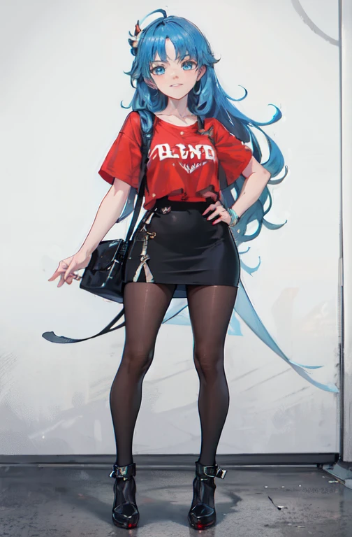 obra de arte, 8K, estilo de arte por shaman240, rosto muito detalhado, roupas detalhadas, tecido detalhado, 1 garota, ( Morte jurada Katarina (liga das lendas 1.1)) Rosto bonito, asymmetrical long hair, cabelo azul claro, usando blusa Prada, Botas de coxa Dior, Mini pencil skirt, meias pretas, olhos de gato azuis muito detalhados, sorriso fofo, de joelhos olhando para cima , dia ensolarado, full body view,