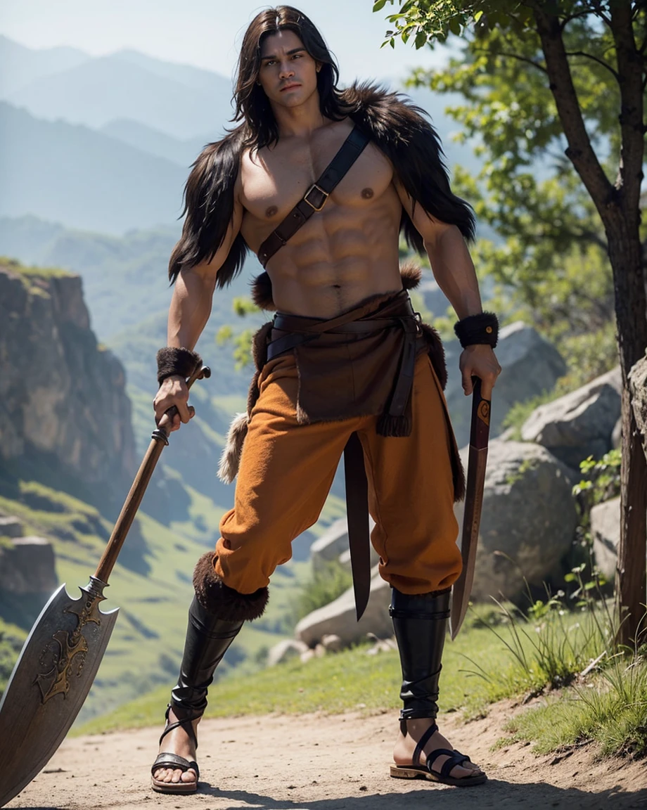 Youth with short black hair and brown eyes, fair skin and clean-shaven, dressed in short orange medieval barbarian fur tunic and trousers, weilding giant axe, sandals; fullbody; short hair, masculine, athletic