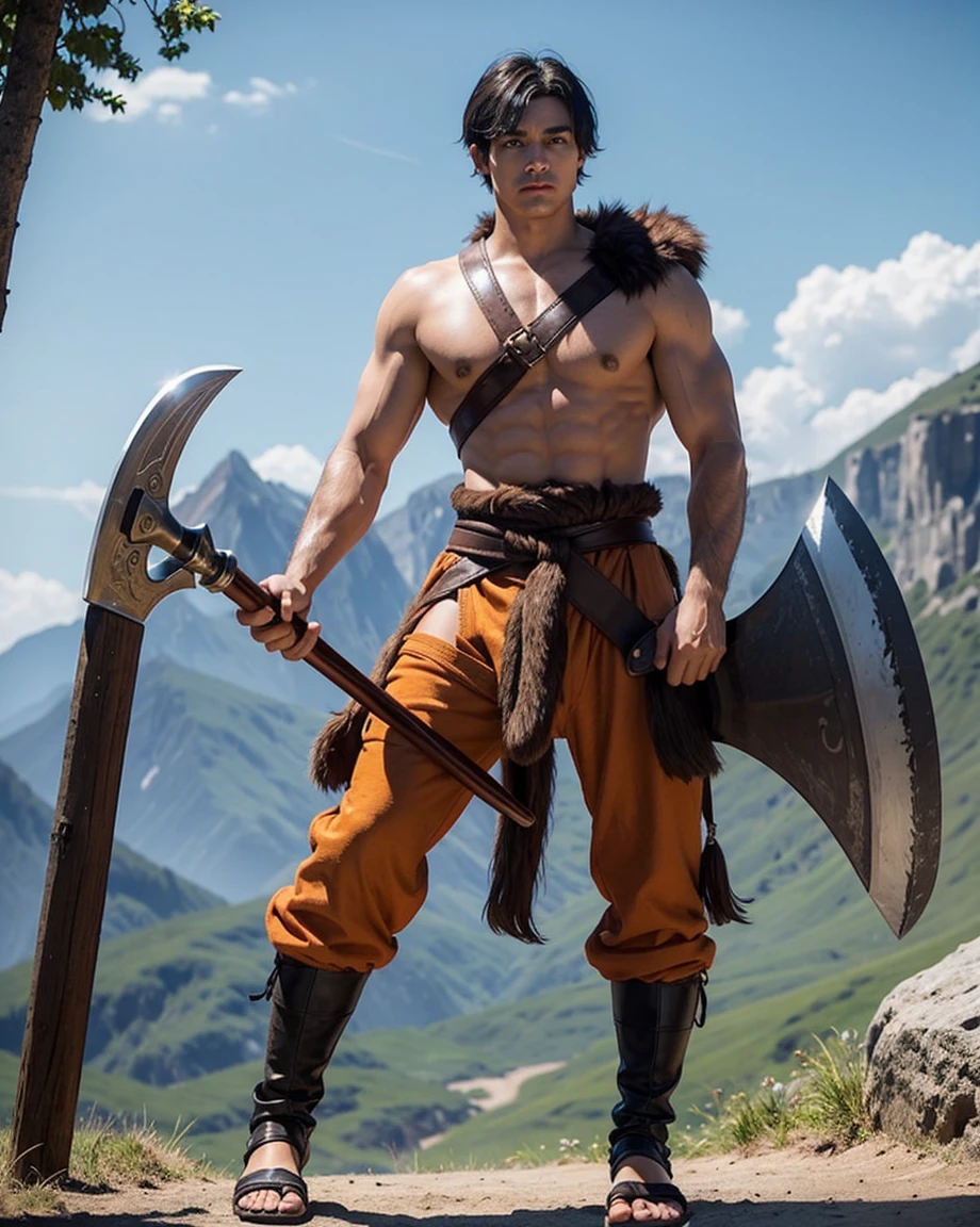 Youth with short black hair and brown eyes, fair skin and clean-shaven, dressed in short orange medieval barbarian fur tunic and trousers, weilding giant axe, sandals; fullbody; short hair, masculine, athletic