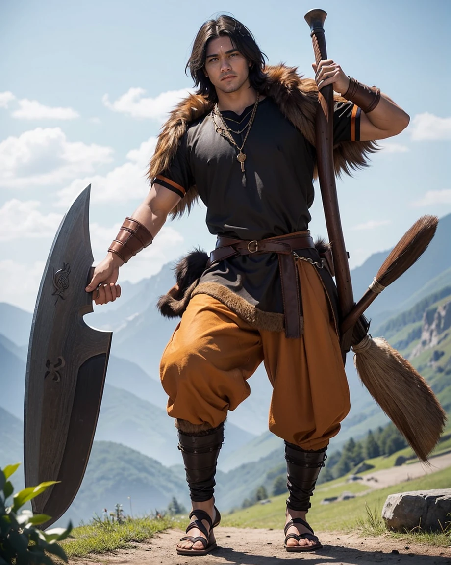 Youth with short black hair and brown eyes, fair skin and clean-shaven, dressed in short orange medieval barbarian fur tunic and trousers, weilding giant axe, sandals; fullbody; short hair, masculine, athletic
