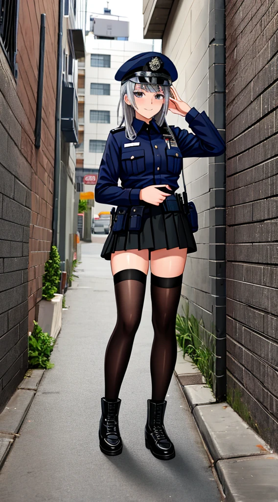 police officer, skirt, thighhigh socks, cocky, smug, dark backalley, silver hair, military cap