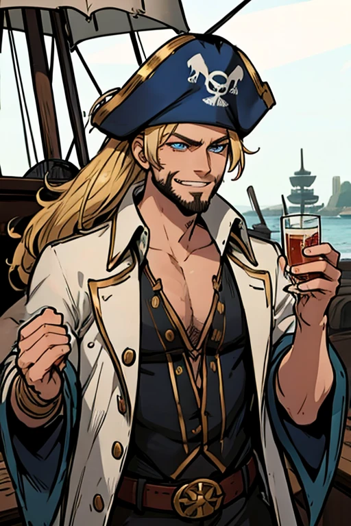 A muscular blonde haired male pirate with blue eyes and long hair and a dark beard in a pirate's outfit is drinking on a pirate ship with a big smile