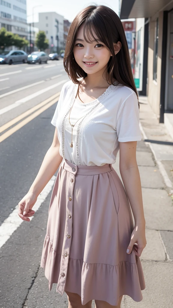 A cute girl, standing. Smiling 