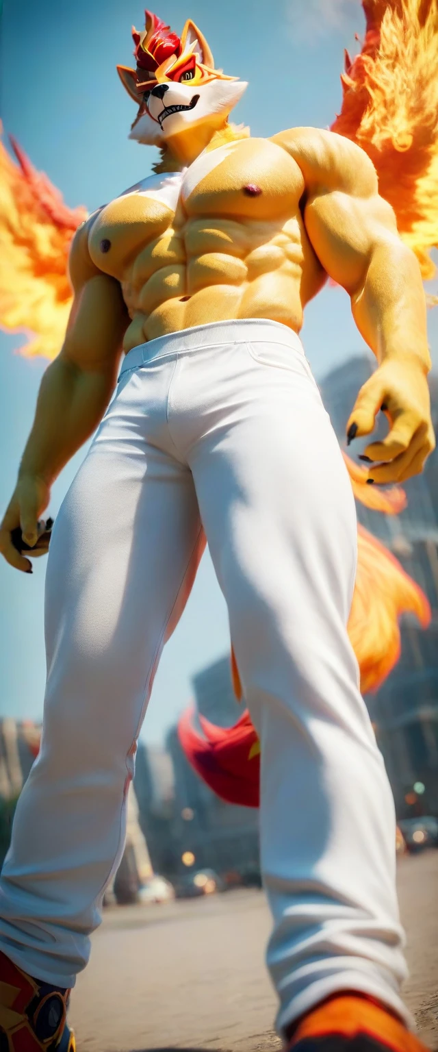 score_9, score_8_up, score_7_up, rating_safe,source_furry,anthro,source_3D, Hollywood live action cinematic style Unreal Engine 9 fox male majestic phoenix reborn from digital ashes in a blaze of holographic flames (white underpants) (muscular) (scene taken from an action movie) 