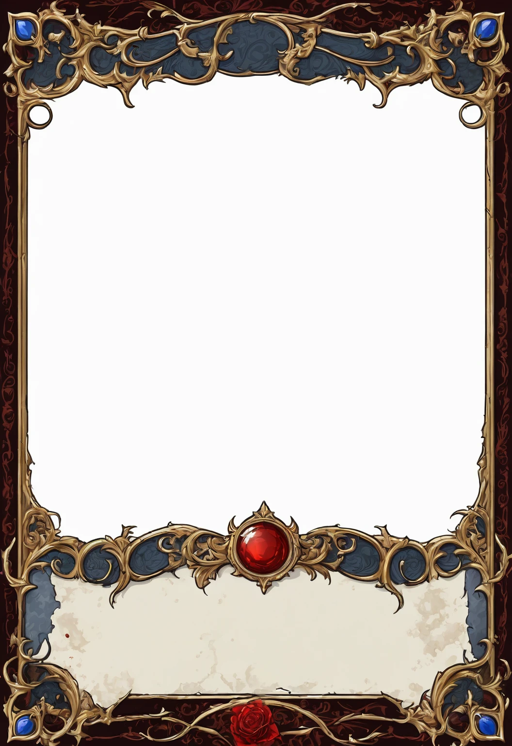 A card border UI,Medieval European aristocracy design,Dark Style,There are blood stains on the parchment backing.。